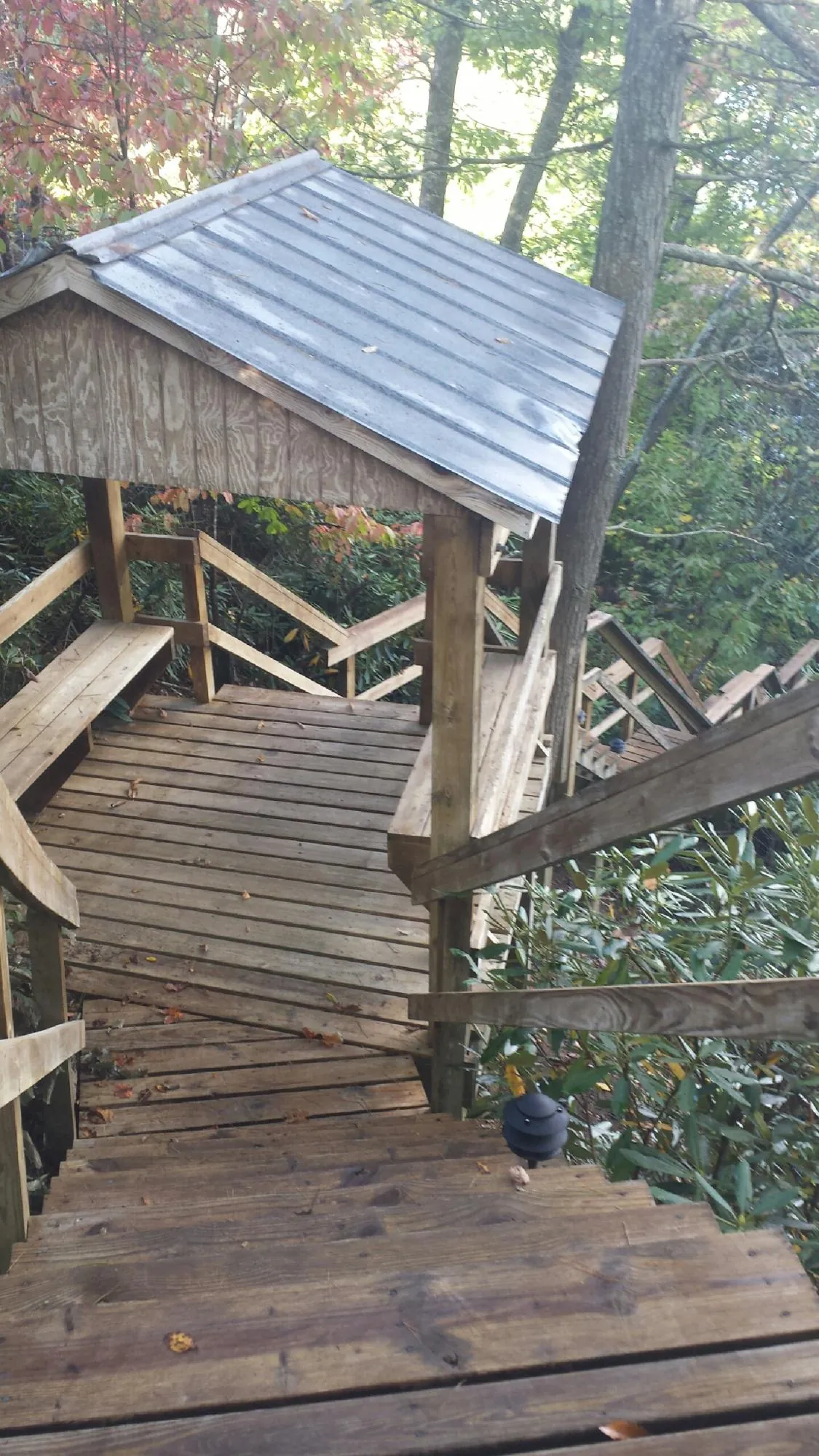 Metal roofed shelter over wooden steps on a wooded walkway — Skylight Repair & Installation work by our crew in Montchanin